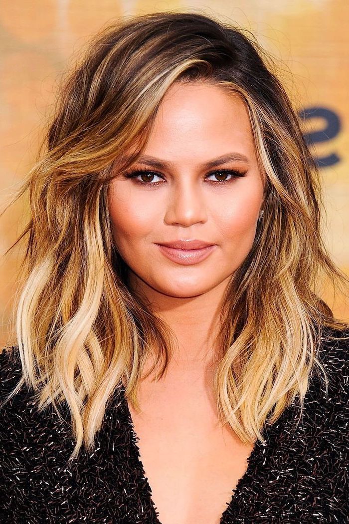 crissy teigen, short wavy hair, brown to blonde, how to ombre hair, black top