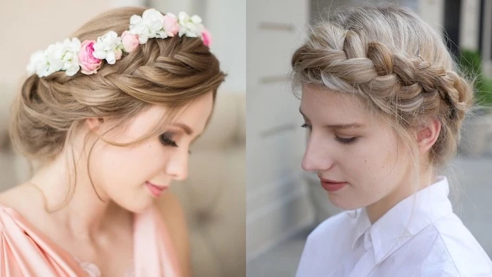 crown braids, flower crown, blonde hair, side by side photos, braids for short hair