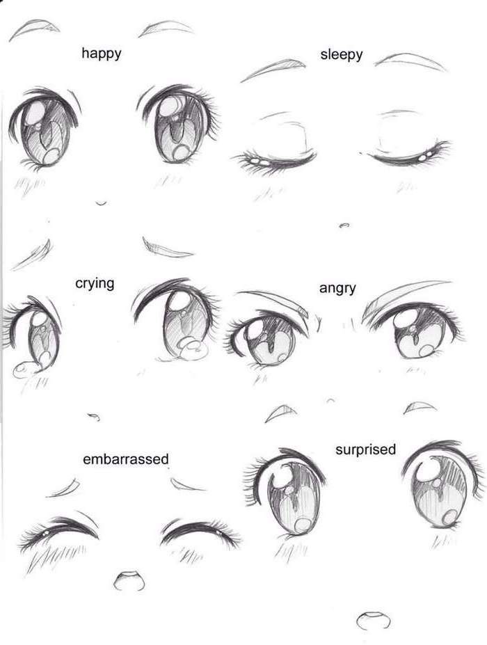 different eye shapes, according to the emotions, anime girl drawing, black and white, pencil sketch, pictures of anime to draw