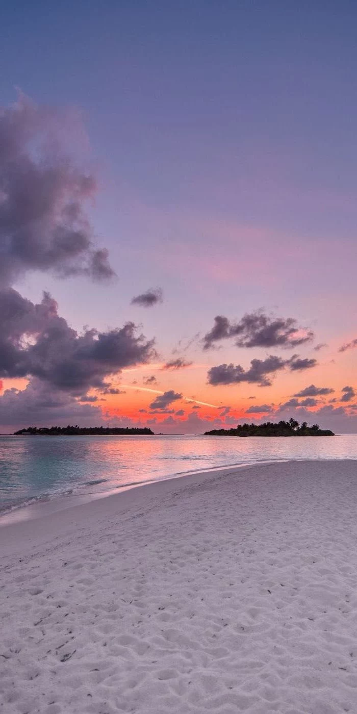 sunset sky, white beach sand, orange and purple sky, girly wallpapers