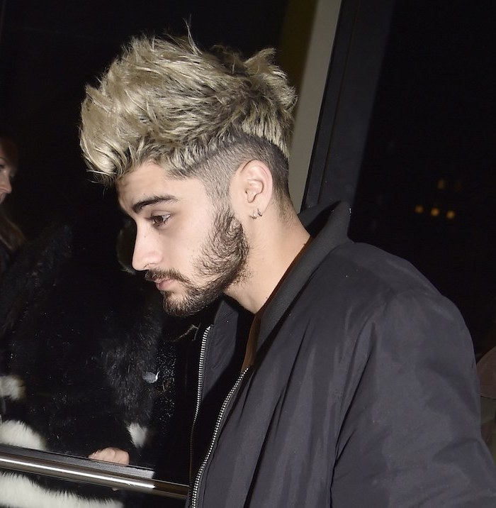 good haircuts for men, zayn malik, blonde hair, long top, black jacket