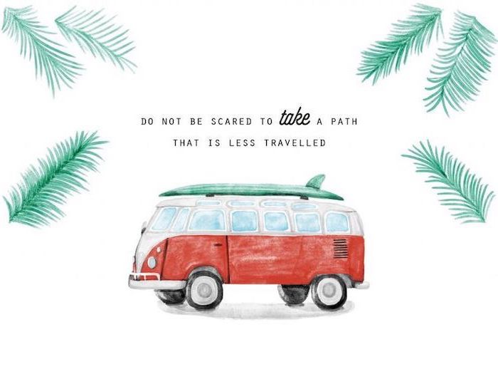 colored drawing, vintage van, cute wallpapers 2019, green palm leaves, white background