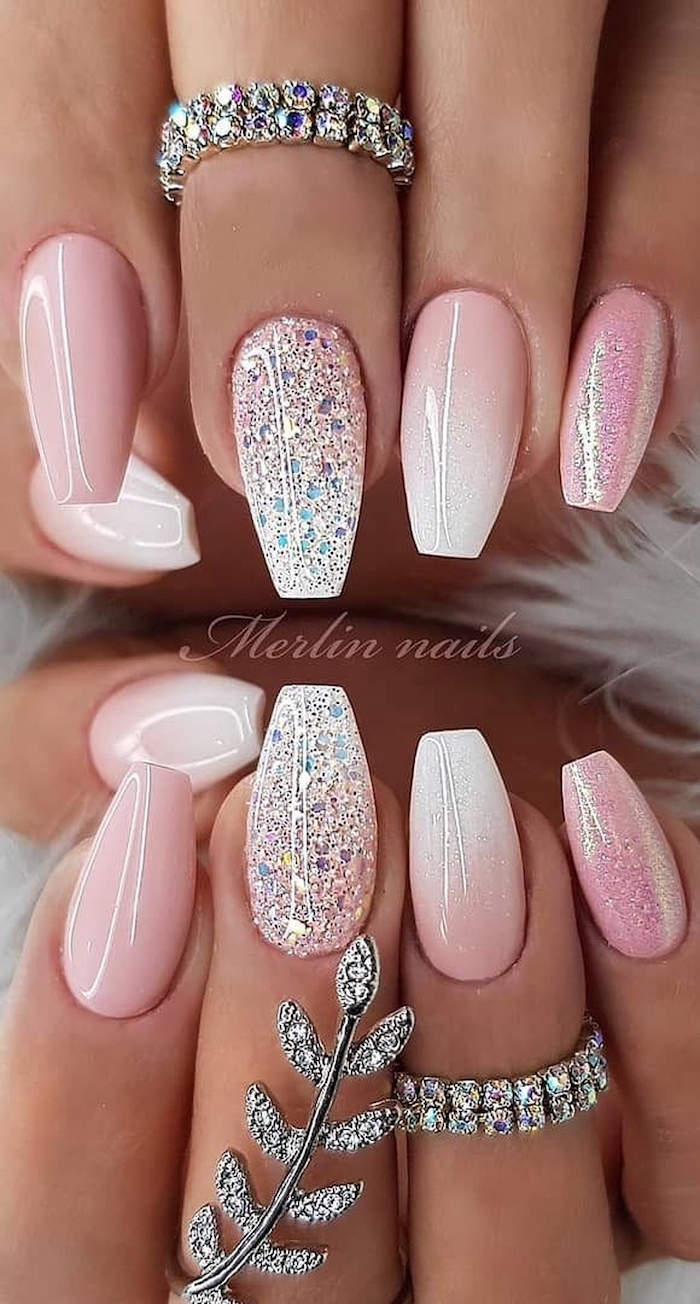 Cute Gel Nails Pink White Glitter Chrome Ombre Nail Polish Silver Rings With Rhinestones E1564062243749 