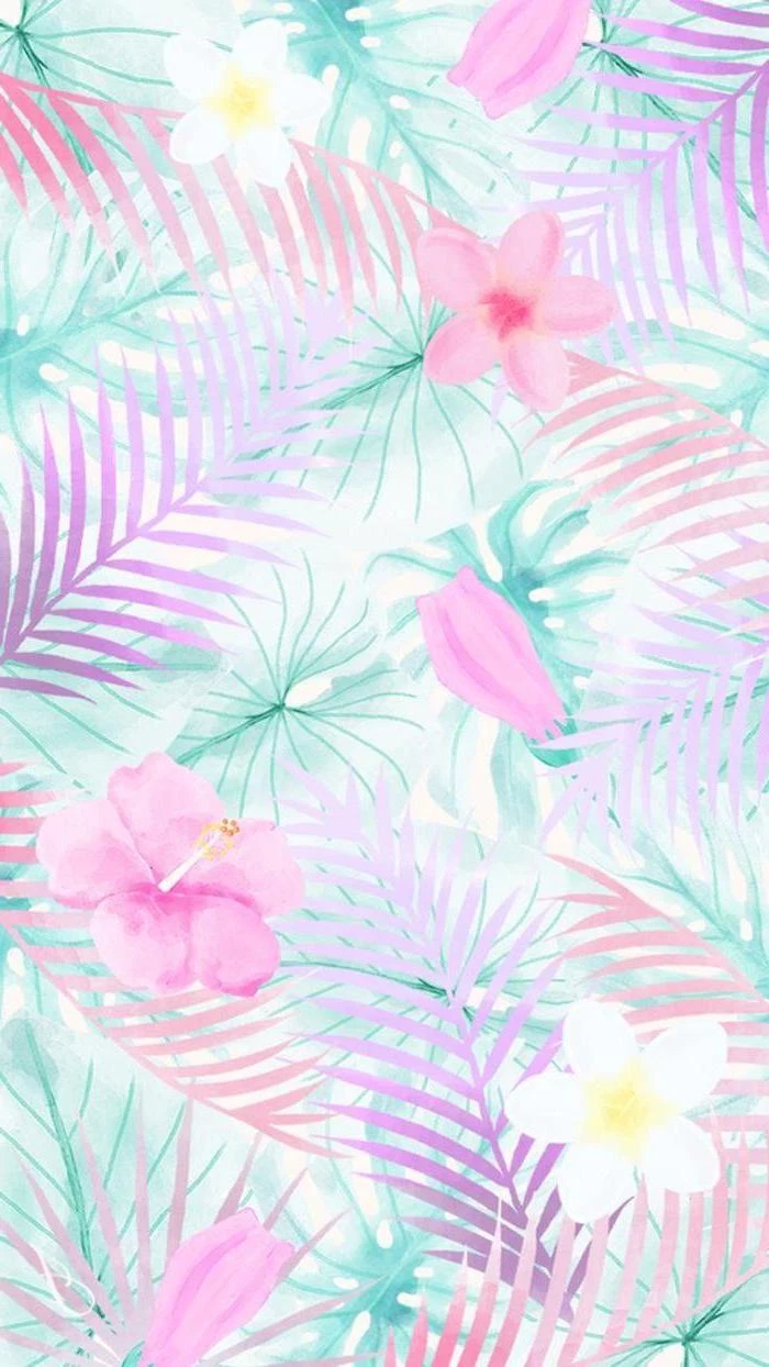 floral wallpaper, palm tree leaves, pink and white flowers, girly wallpapers