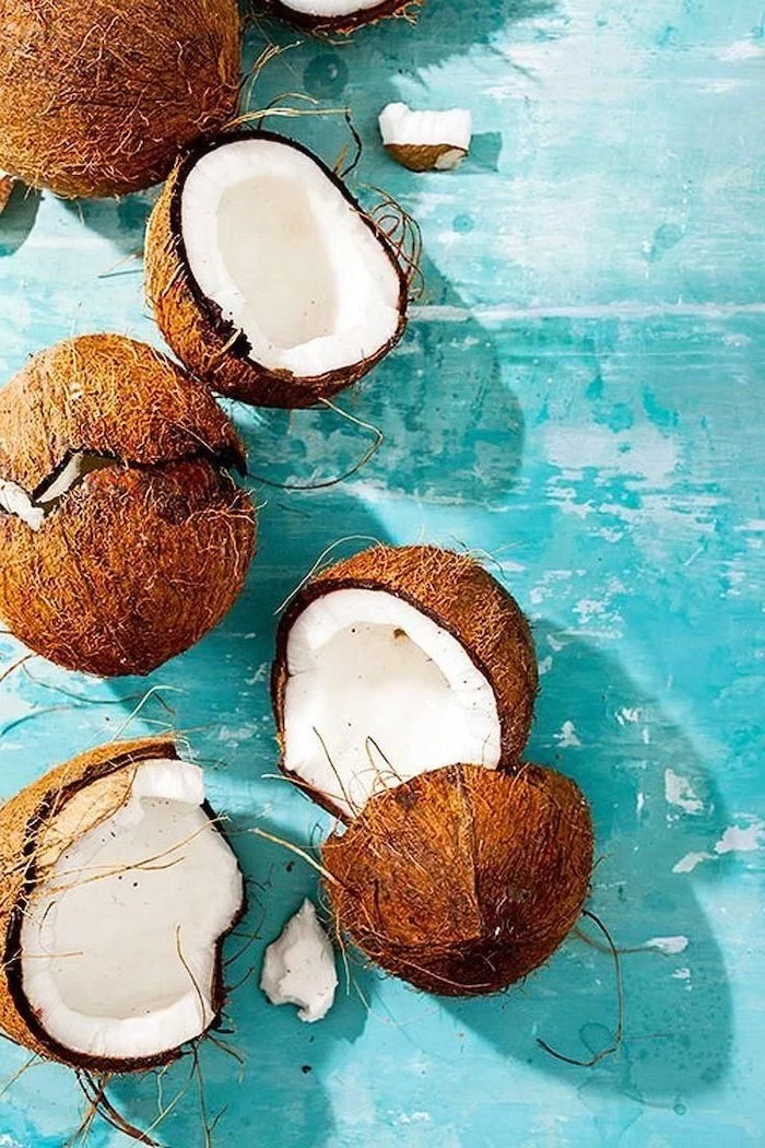 blue background, sliced coconuts, cute iphone wallpaper