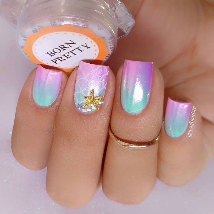 mermaid nails, manicure ideas, short nails, pink and blue ombre, chrome nail polish