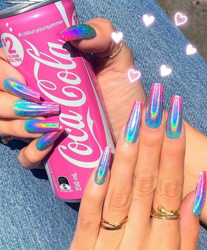 pink coca cola can, long coffin nails, manicure ideas, chrome ombre nails, gold rings