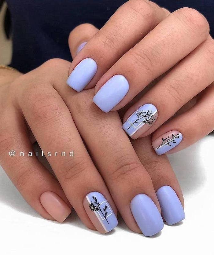 blue nail polish, black tree branches, spring nail designs, short nails, white background