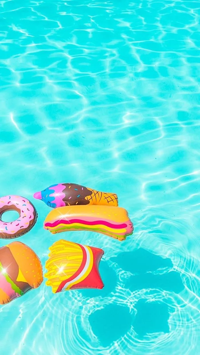 turquoise pool water, pool floats, ice cream, hot dog, french fries, donut and hamburger, cute iphone wallpaper