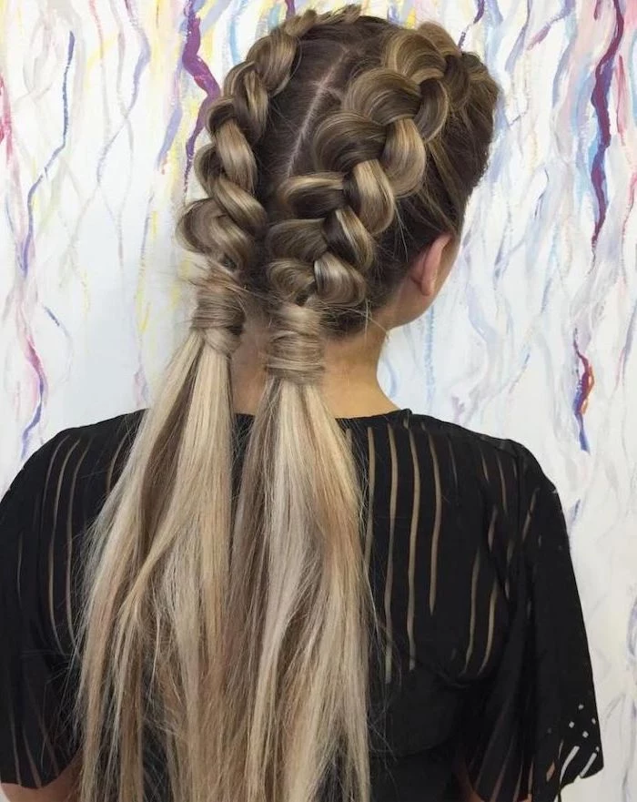 dark blonde hair, with highlights, two braids, two ponytails, black top, braids for short hair