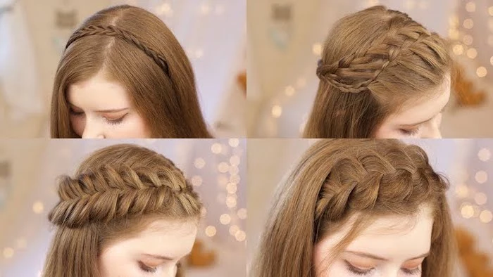 how to braid your own hair, dark blonde hair, four different styles, headband braids