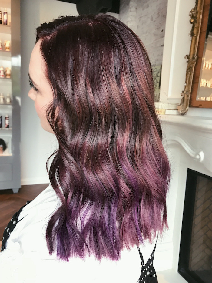 brown to light purple, medium length, wavy hair, burgundy hair ombre, white top