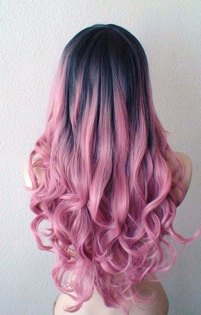 dark grey to pink, long wavy hair, caramel ombre, white background