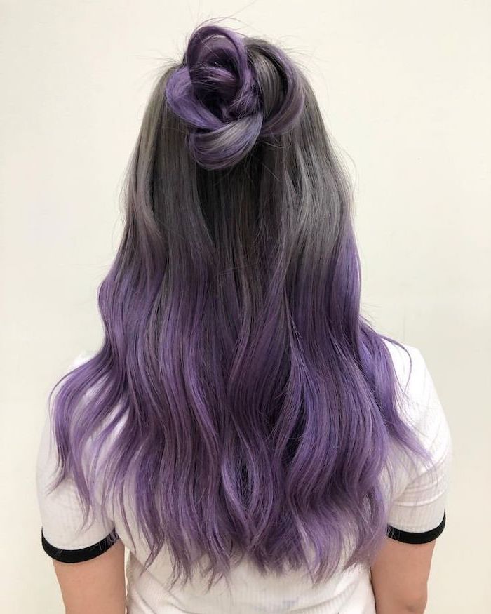 brown to blonde ombre, ash grey to purple, in a rose bun, white shirt, white background