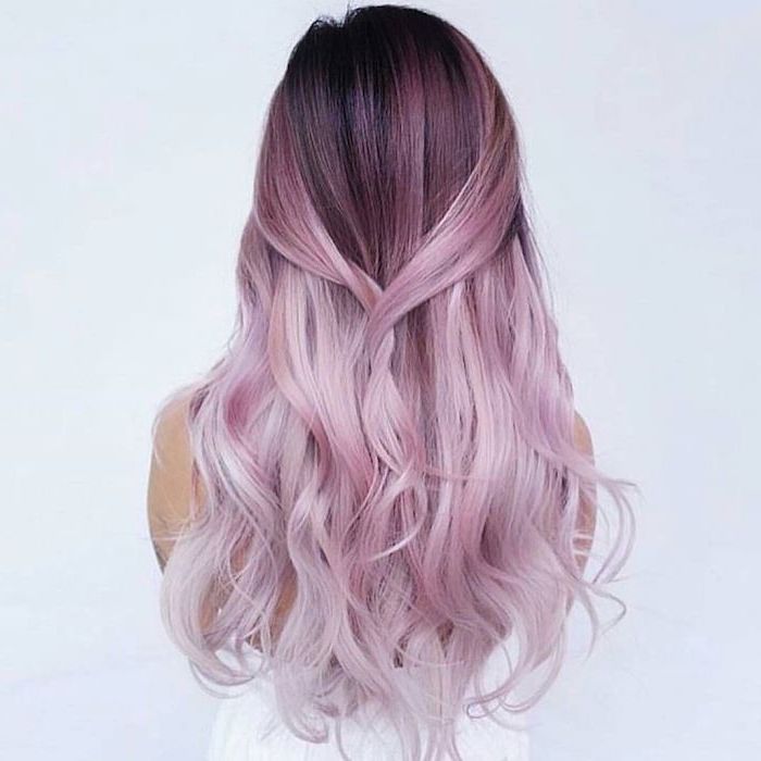 dark pink to light pink, caramel ombre, long wavy hair, white top, white background