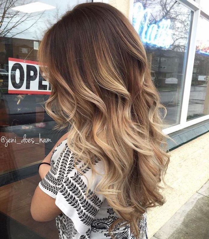 brown to blonde, long wavy hair, difference between balayage and ombre, black and white top