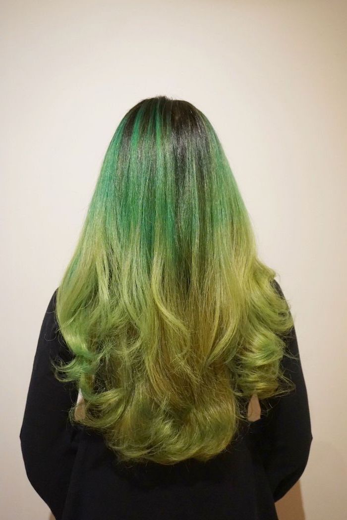 dark green to light green, long wavy hair, black blouse, white background, brown to blonde ombre