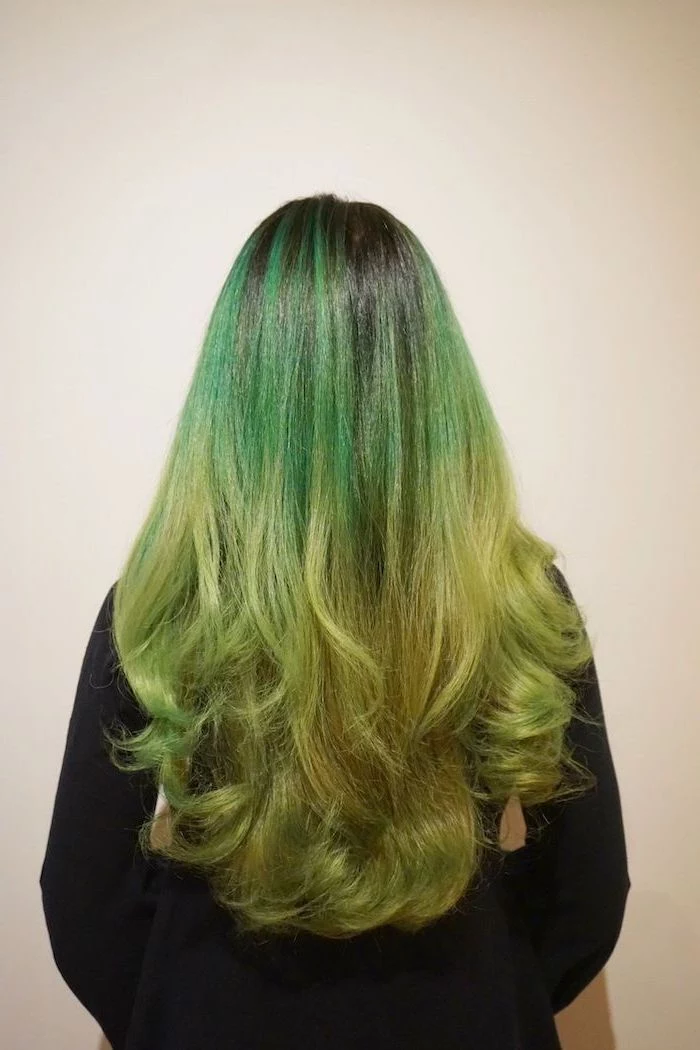 dark green to light green, long wavy hair, black blouse, white background, brown to blonde ombre