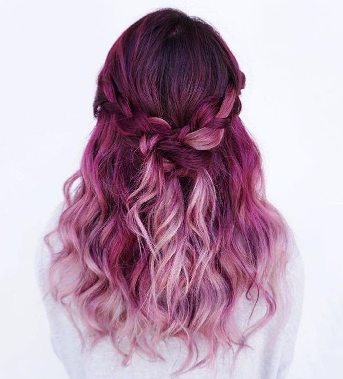 dark pink to light pink, long wavy hair, difference between balayage and ombre, white background