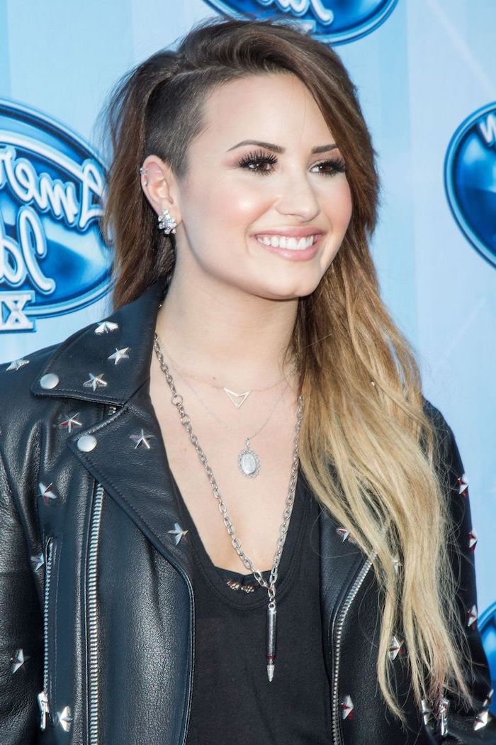 demi lovato, difference between balayage and ombre, black leather jacket, brown to blonde