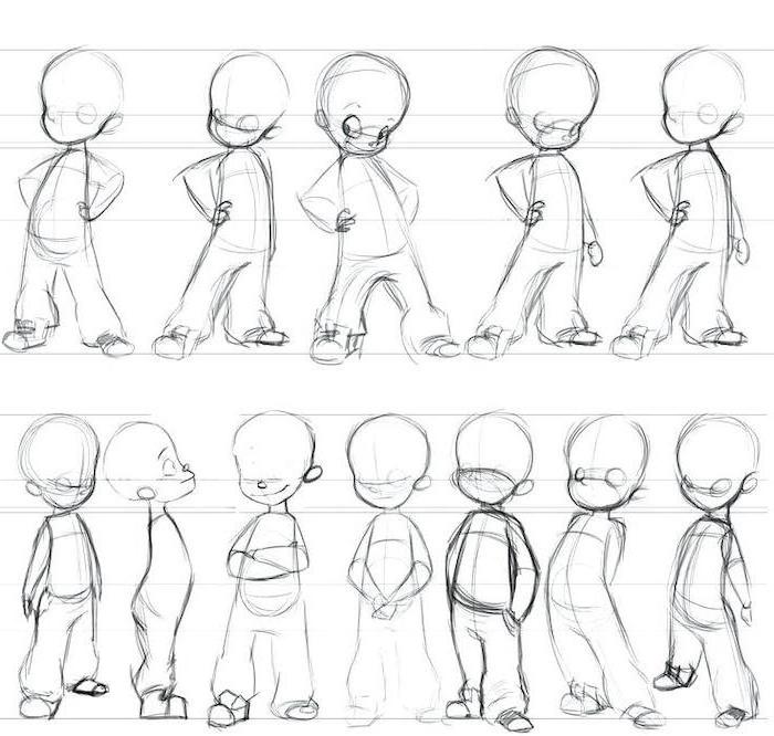 body in different positions, how to draw anime face, black and white, pencil sketch