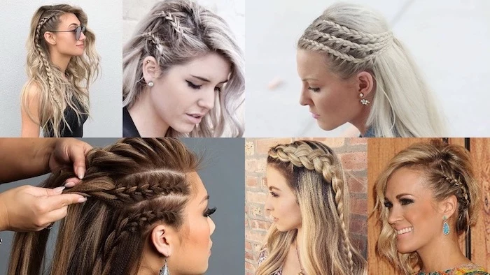 different hairstyles, photo collage, how to braid your own hair, blondes and brunettes