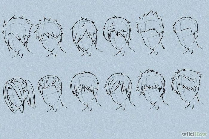 different hairstyles, step by step tutorial, how to draw anime girl, black and white sketch