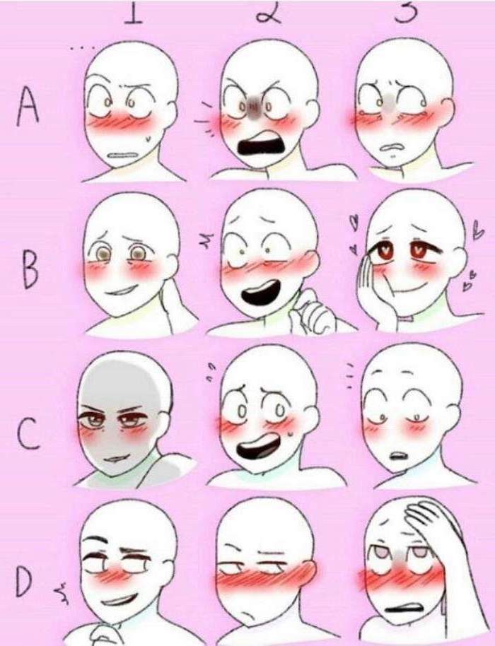 different facial expressions, pink background, drawing tutorial, anime boy drawing