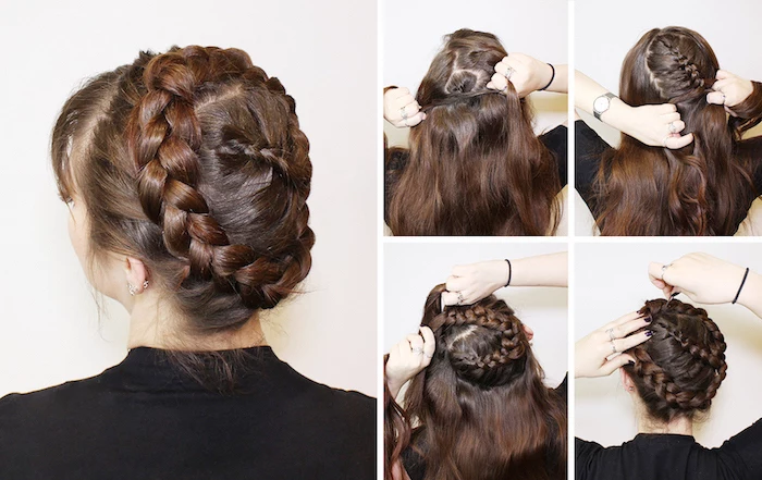 step by step, diy tutorial, how to braid your own hair, brown hair, black blouse