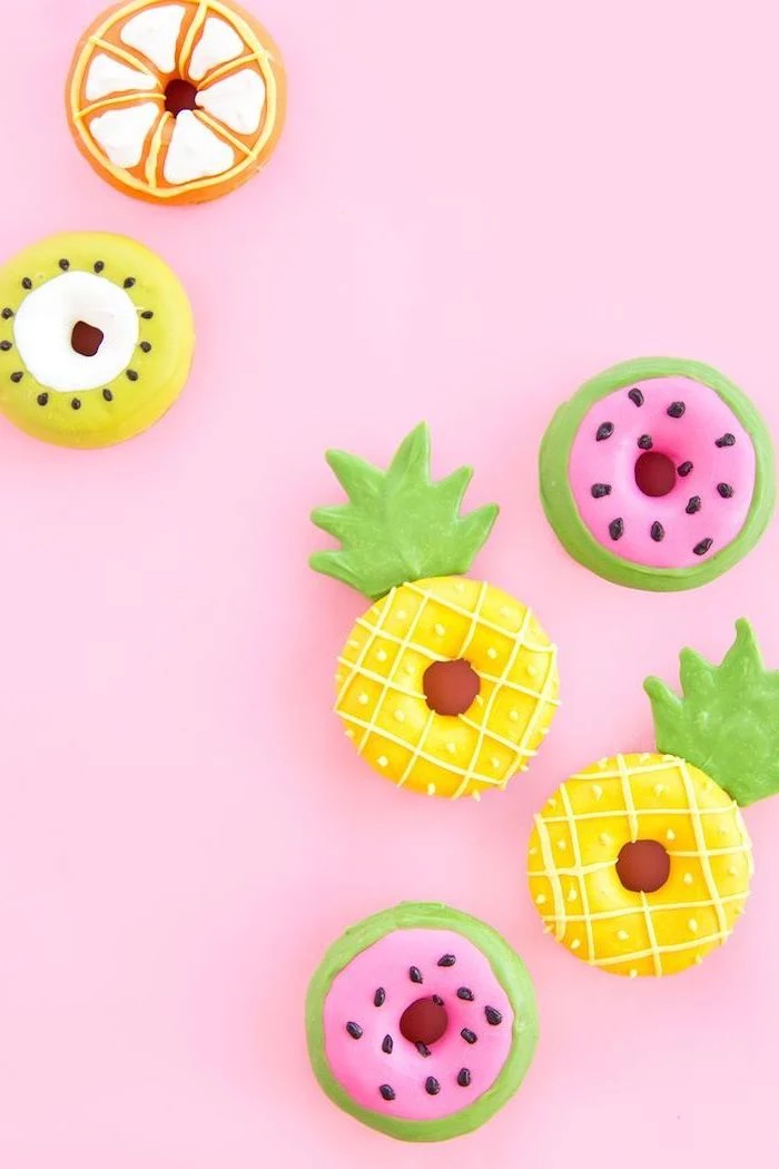 decorated donuts, orange and kiwi, watermelon and pineapple, cute iphone wallpaper