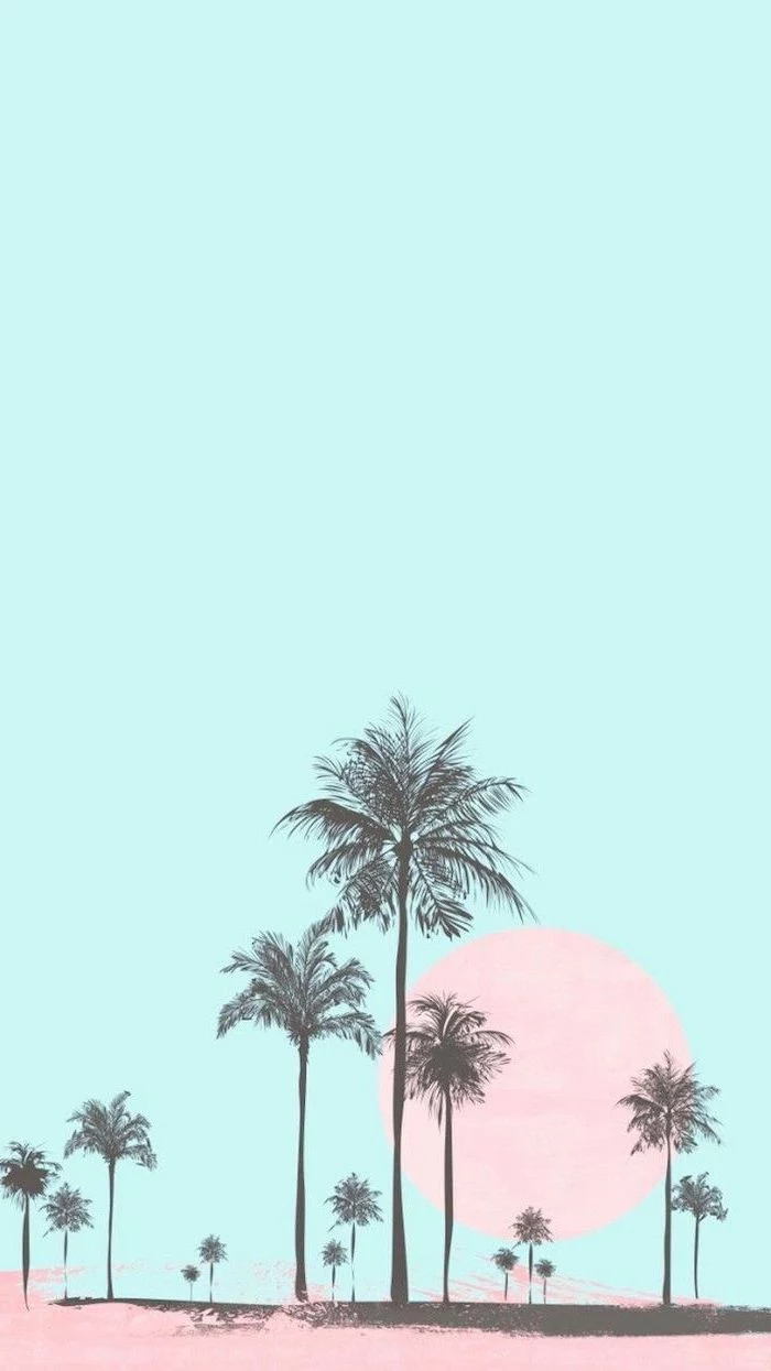 blue background, black palm trees, cute wallpapers for girls, pink sun