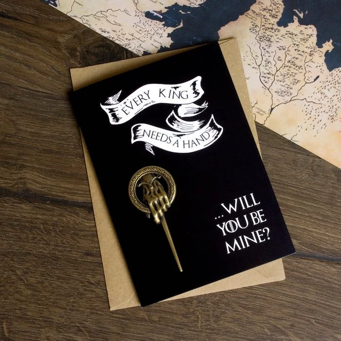 best groomsmen gifts, every king needs a hand, game of thrones inspired card, wooden background