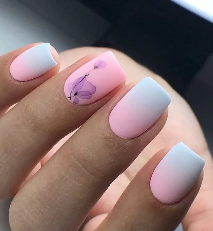 cute nail designs, purple watercolour flowers, pink and blue ombre, nail polish
