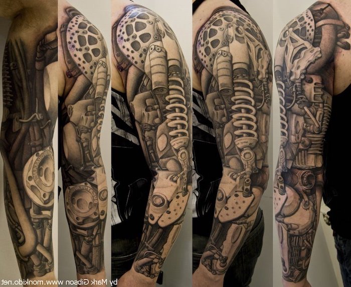biomechanical tattoo, photographed from different angles, tattoo sleeve ideas for men