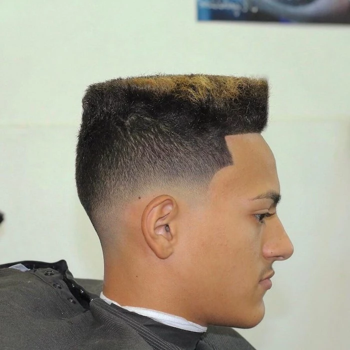 black hair, blonde ends, flat top, young men haircuts, white background
