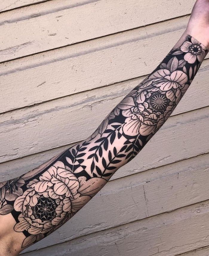 floral tattoo, sleeve tattoos for girls, wooden background