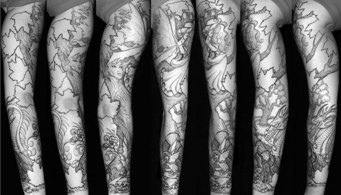 best half sleeve tattoos, forest fairy, photos taken from different angles, black background