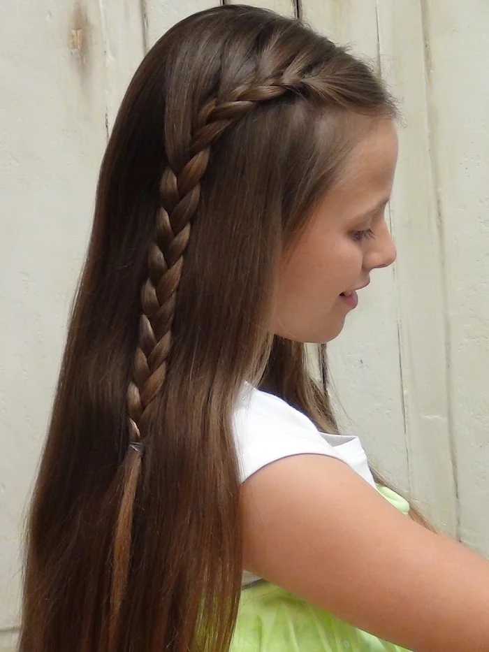 little girl, brown hair, waterfall braid, white background, triangle box braids