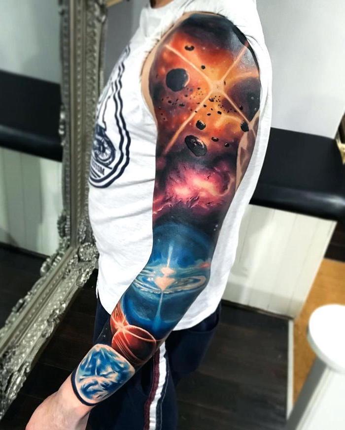 milky way, galaxy and planets, half sleeve tattoos for women, white top, wooden floor, large mirror