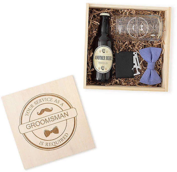 wooden box, personalised with name, cool groomsmen gifts, beer bottle and glass inside