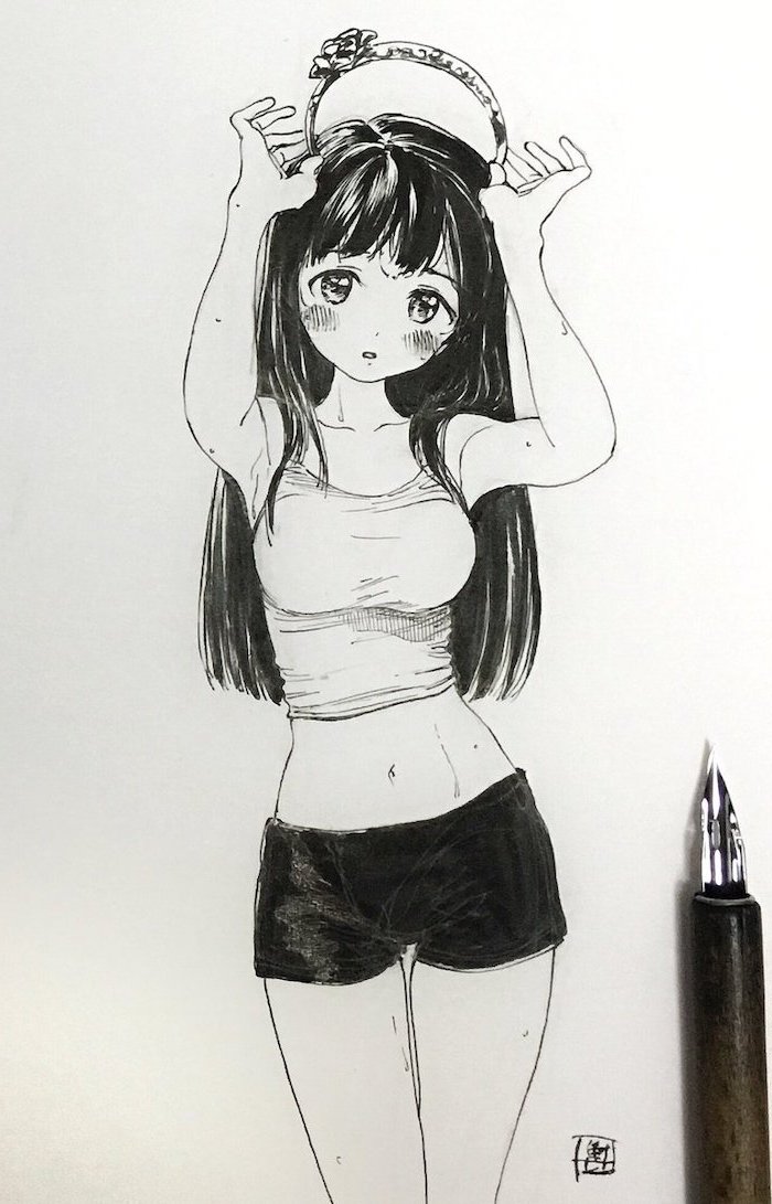 how to draw anime boy, black and white, pencil sketch, girl drawing, black long hair