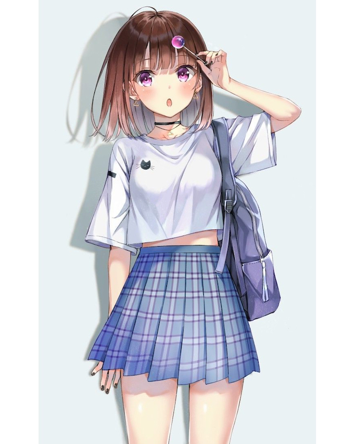 girl drawing, white shirt, blue skirt, how to draw anime boy, blue backpack