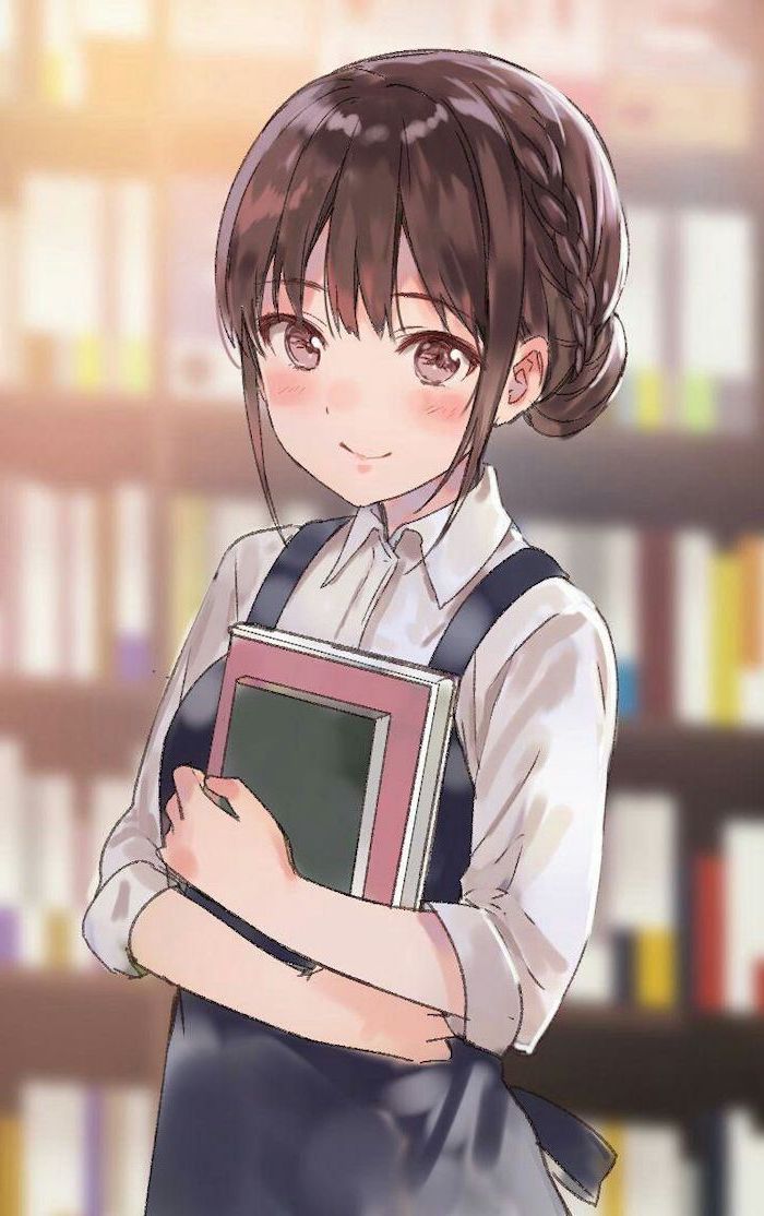 girl holding books, brown hair with bangs, how to draw anime boy, colourful drawing