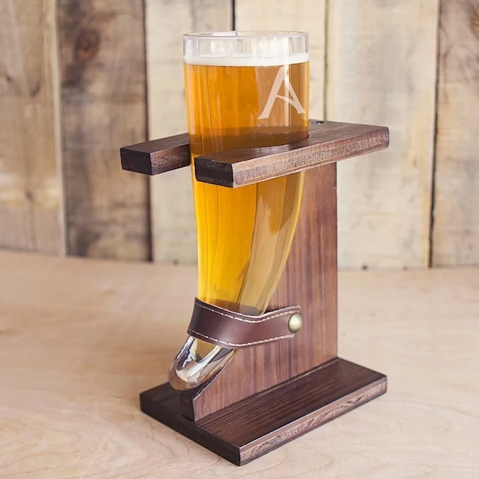 viking horn, beer glass, wooden stand, personalised groomsmen gifts, with an initial