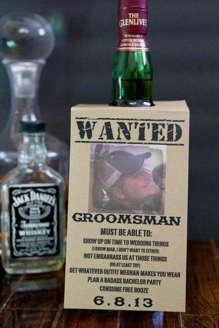 glenlivet whiskey, wanted poster, personalised groomsmen gifts, wooden table