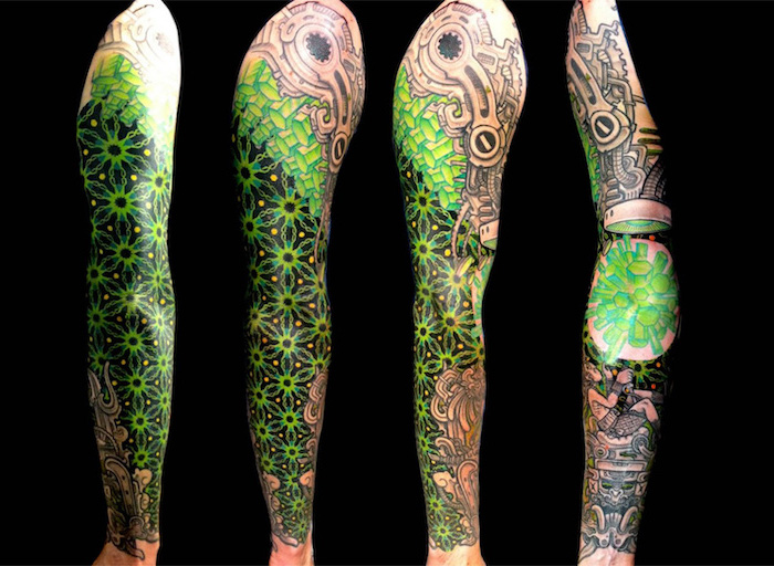 green biomechanical, half sleeve tattoos for women, black background, photos from different angles