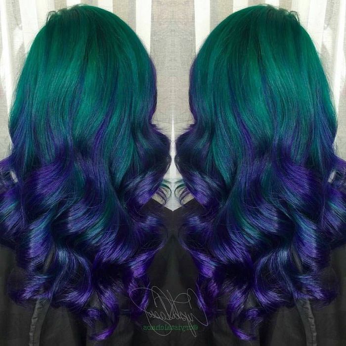 green to dark purple, long wavy hair, difference between balayage and ombre, side by side photos