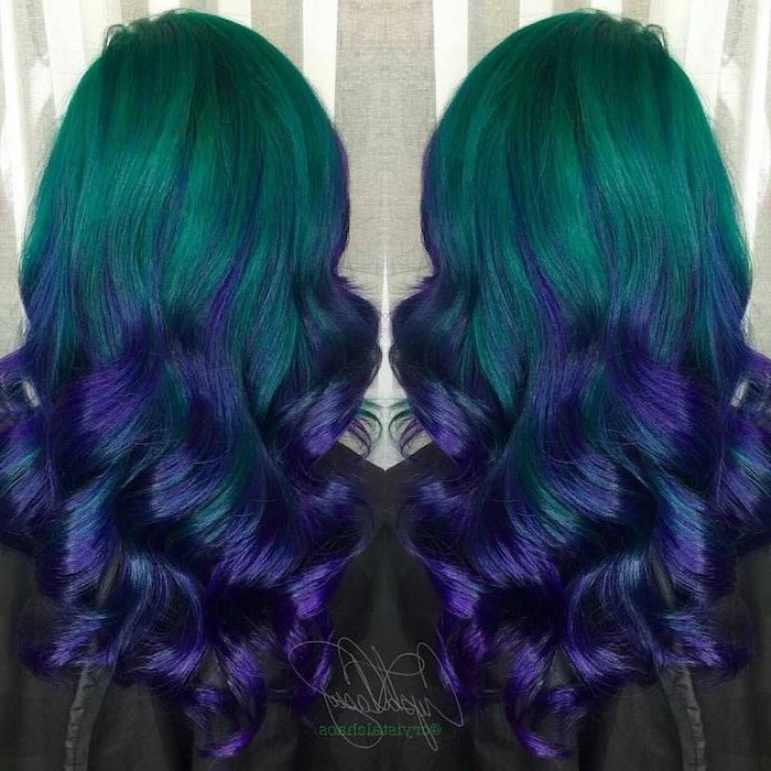 green to dark purple, long wavy hair, difference between balayage and ombre, side by side photos