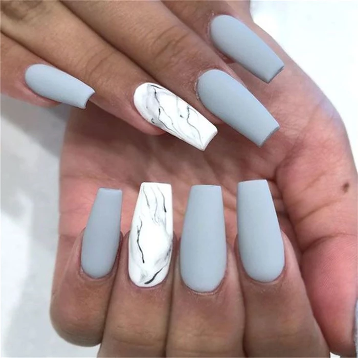 long coffin nails, grey matte nail polish, white black and grey marble, nail tip designs