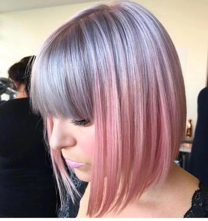 short asymmetrical bob, with bangs, grey to pink, ombre hair brown to blonde, black lace top